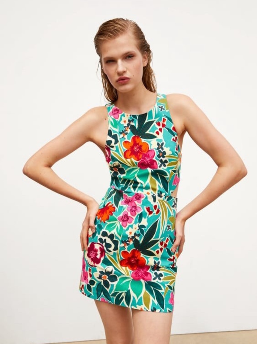 Zara - Floral Cutout Mini Romper Dress in Teal and Multi